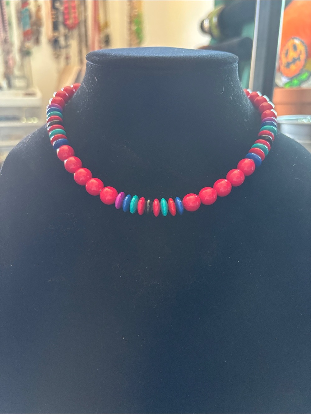 Red Beaded Choker Necklace with Multicolor Accent Beads